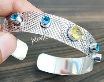 天然ブルートパーズバングル：ハンドメイド925スターリングシルバー