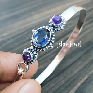 Amethyst Silver Bracelet For Women/ Multi Purple Stone Bangle Cuff/ Sterling Silver Open Adjustable/ Birthstone/ Party Wear/ Gifts For Wife