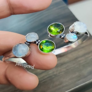 Sterling Silver Bangle: Moonstone & Peridot Gemstone Bracelet/ Multi Stone/ Open Adjustable Cuff/ Birthstone Jewelry