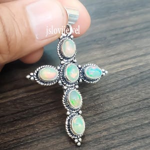 Opal Cross Pendant: 925 Sterling Silver Multi-Gemstone Necklace