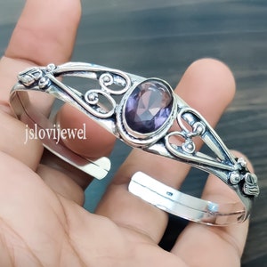 Amethyst 925 Silver Bracelet Cuff/ Oval Purple Stone Bangle For Gifts/ Amethyst Bangle Bracelet For Her/ Cuff Bangle Bracelet For Christmas