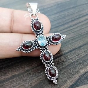 Garnet Aquamarine Stone Cross Necklace, 925 Sterling Silver Pendant