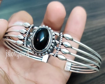 Black Onyx Sterling Silver Cuff Bracelet: Natural Gemstone Bangle