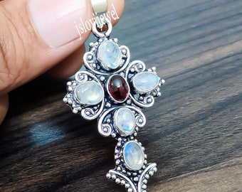 Vintage Sterling Silver Gemstone Cross Pendant: Garnet, Amethyst, Moonstone