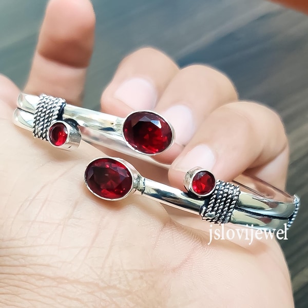 Faceted Garnet Sterling Silver Cuff Bangle: Adjustable Open Style/ Multi Red Stone Bracelet/ Gemstone