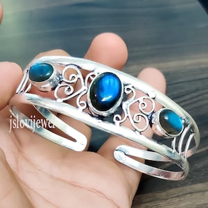Labradorite Cuff: 925 Sterling Silver Adjustable Bangle, Blue Fire Stone, Natural Gemstone Bracelet