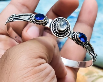 Moonstone Tanzanite Bangle Cuff: Sterling Silver Adjustable Bracelet