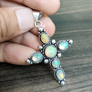 Natural Opal Gemstone Pendant Necklace/ Silver Cross With Stone/ Opal 925 Sterling Silver Cross Pendant/ Multi Opal Cross Necklace For Women