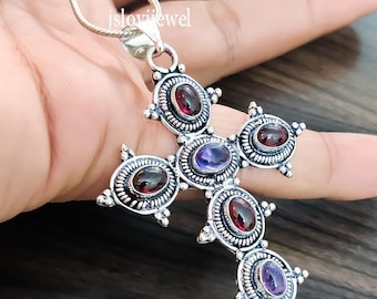 Vintage Sterling Silver Gemstone Cross Pendant: Garnet, Amethyst, Moonstone