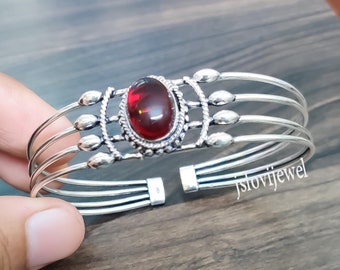 Garnet Bangle: Natural Oval Gemstone, 925 Sterling Silver Cuff/ Deep Red Stone Bracelet