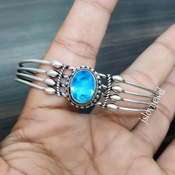 KALIFANO | Authentic Blue Topaz Navajo Native Made 925  Blue Topaz 925 Sterling Silver Cuff Bracelet display picture 1