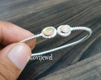 Sterling Silver Opal Bangle: Adjustable Open Cuff Bracelet