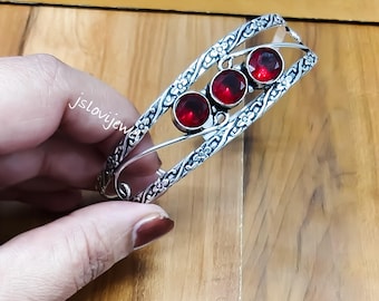 Faceted Garnet Sterling Silver Cuff Bangle:  Open Style Adjustable Bracelet