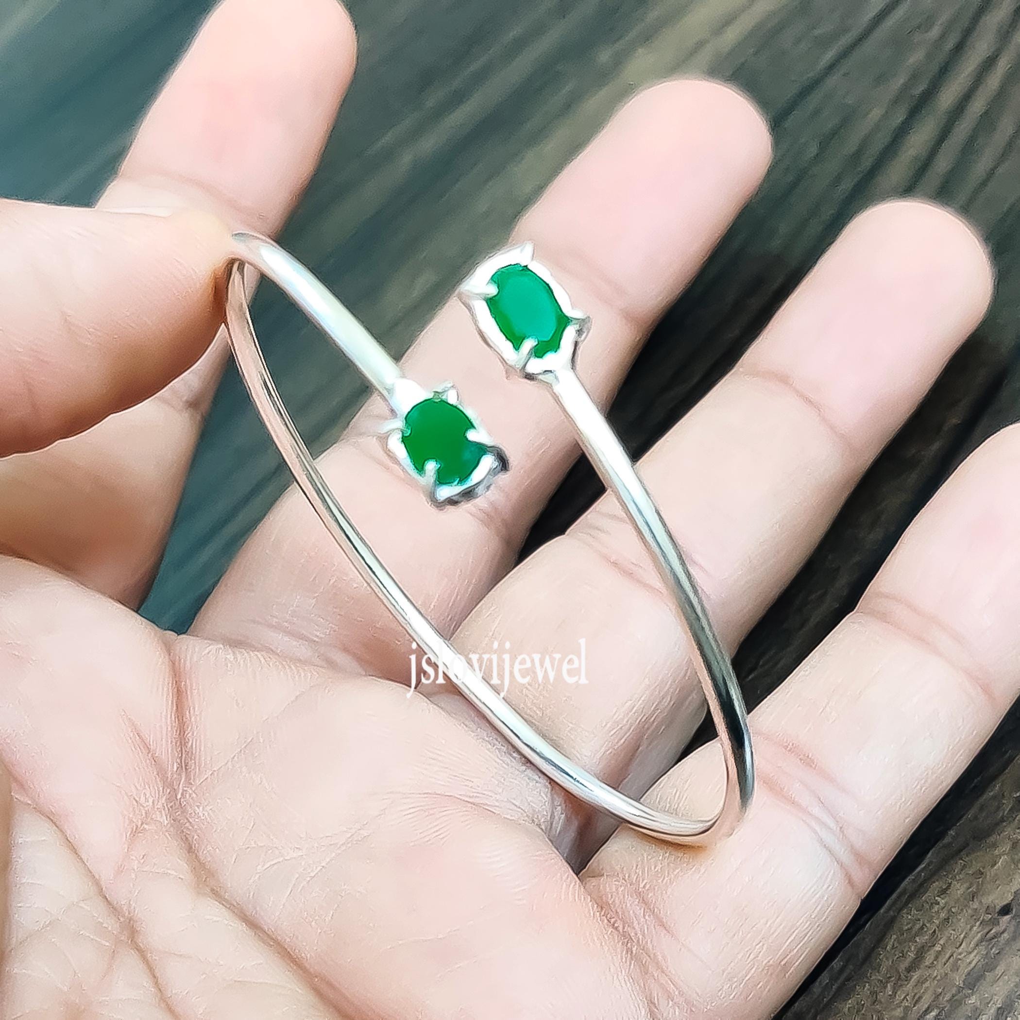 Green Onyx Silver Cuff Bracelet/ Oval Cut Green Stone Bangle