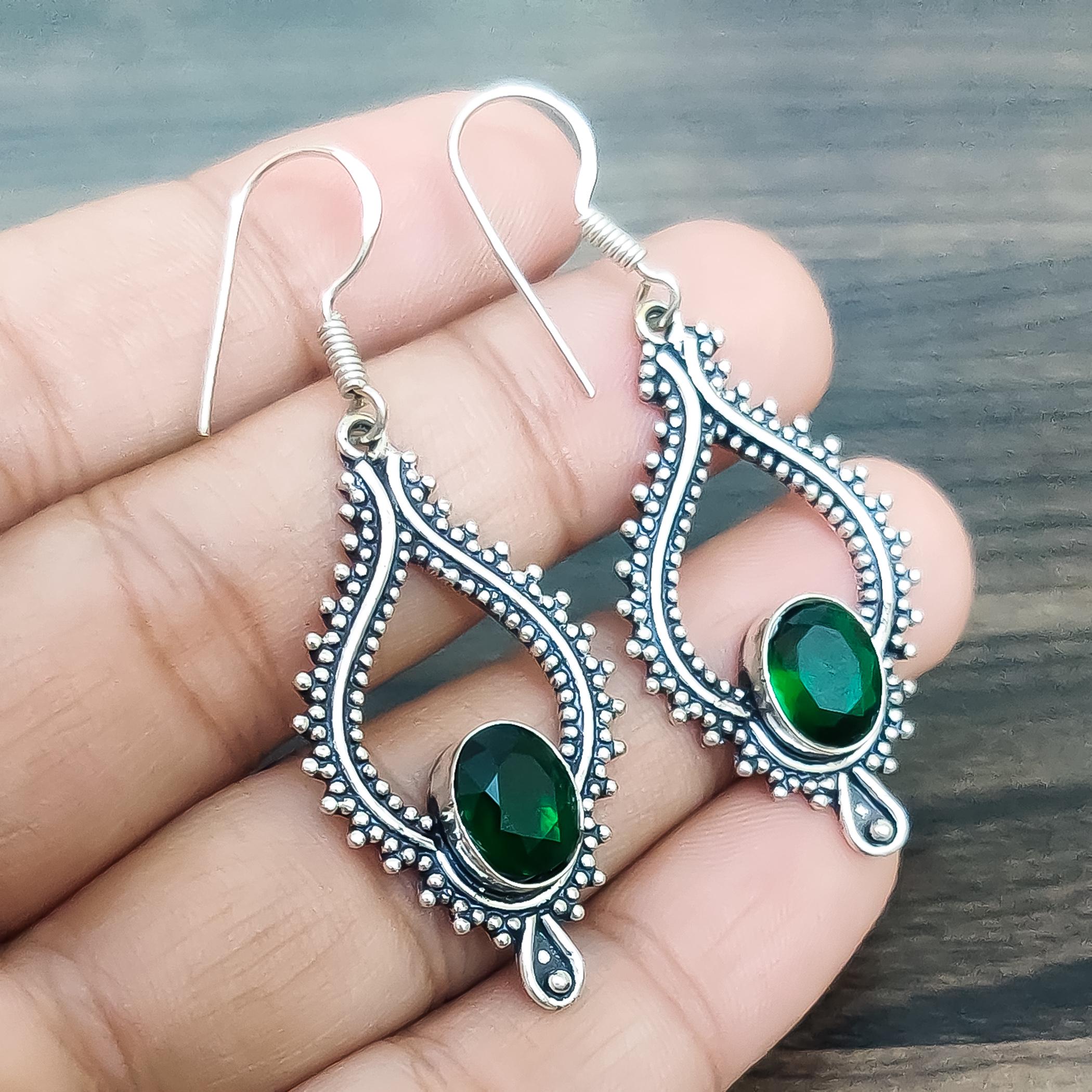 Boucles D'oreilles Pendantes En Argent Sterling 925 Avec Diopside Chrome Vert - Neuf Inde