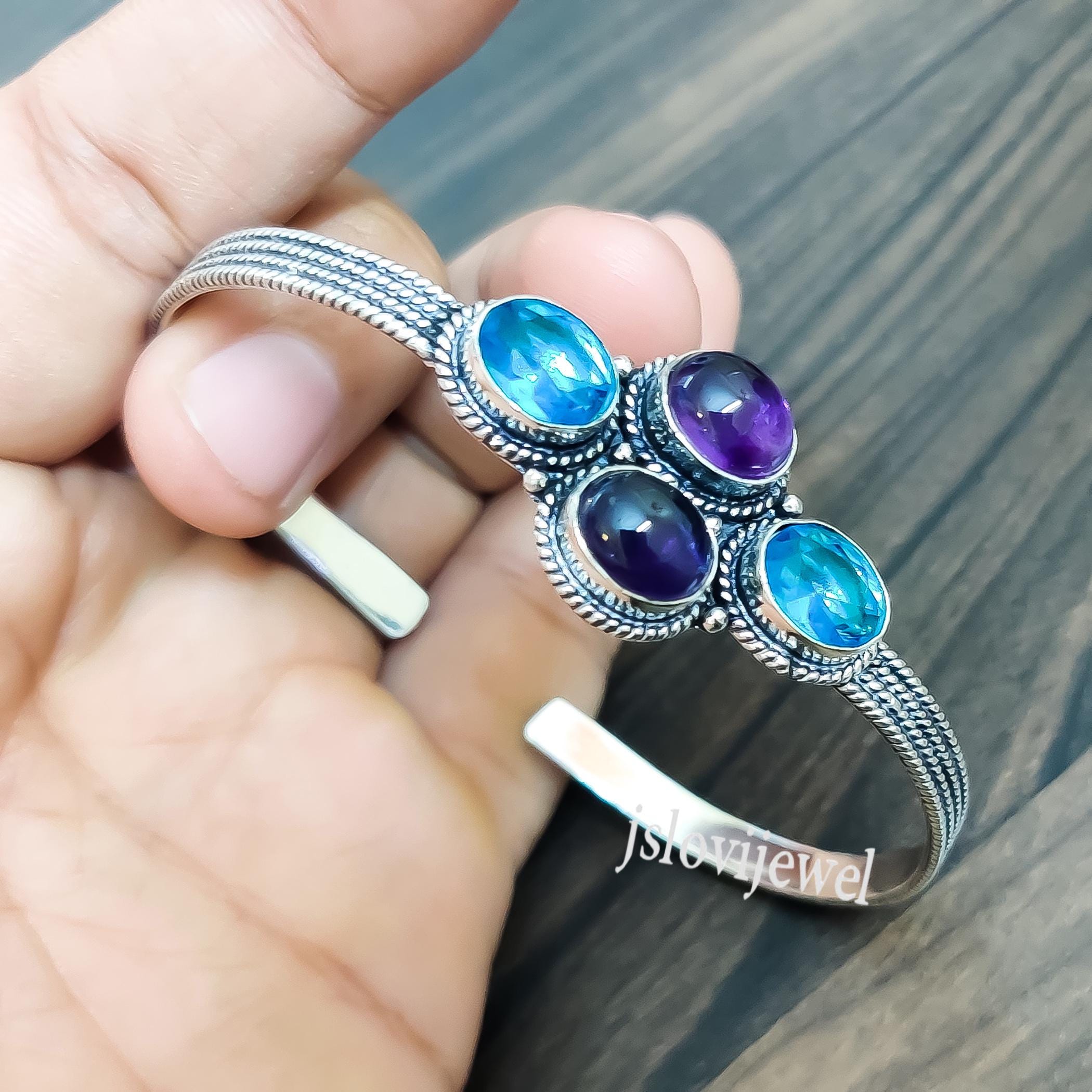 アメジストブルートパーズ 925 シルバー カフブレスレット