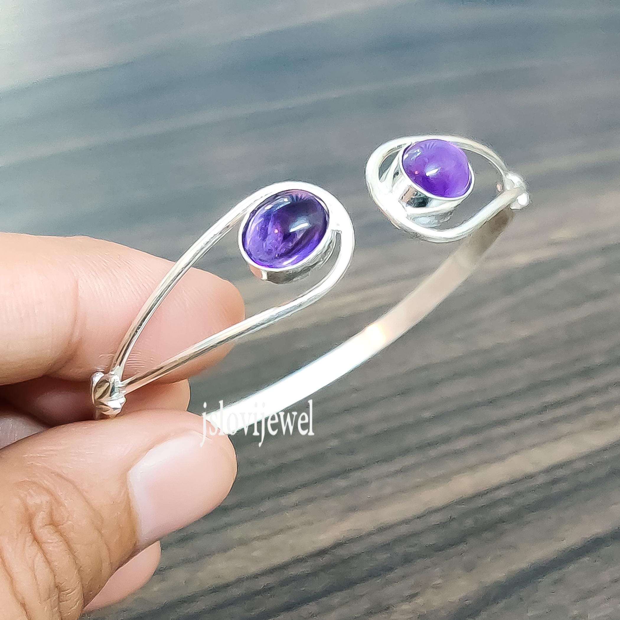Amethyst Bangle Bracelet: 925 Sterling Silver Purple Stone  display picture 1