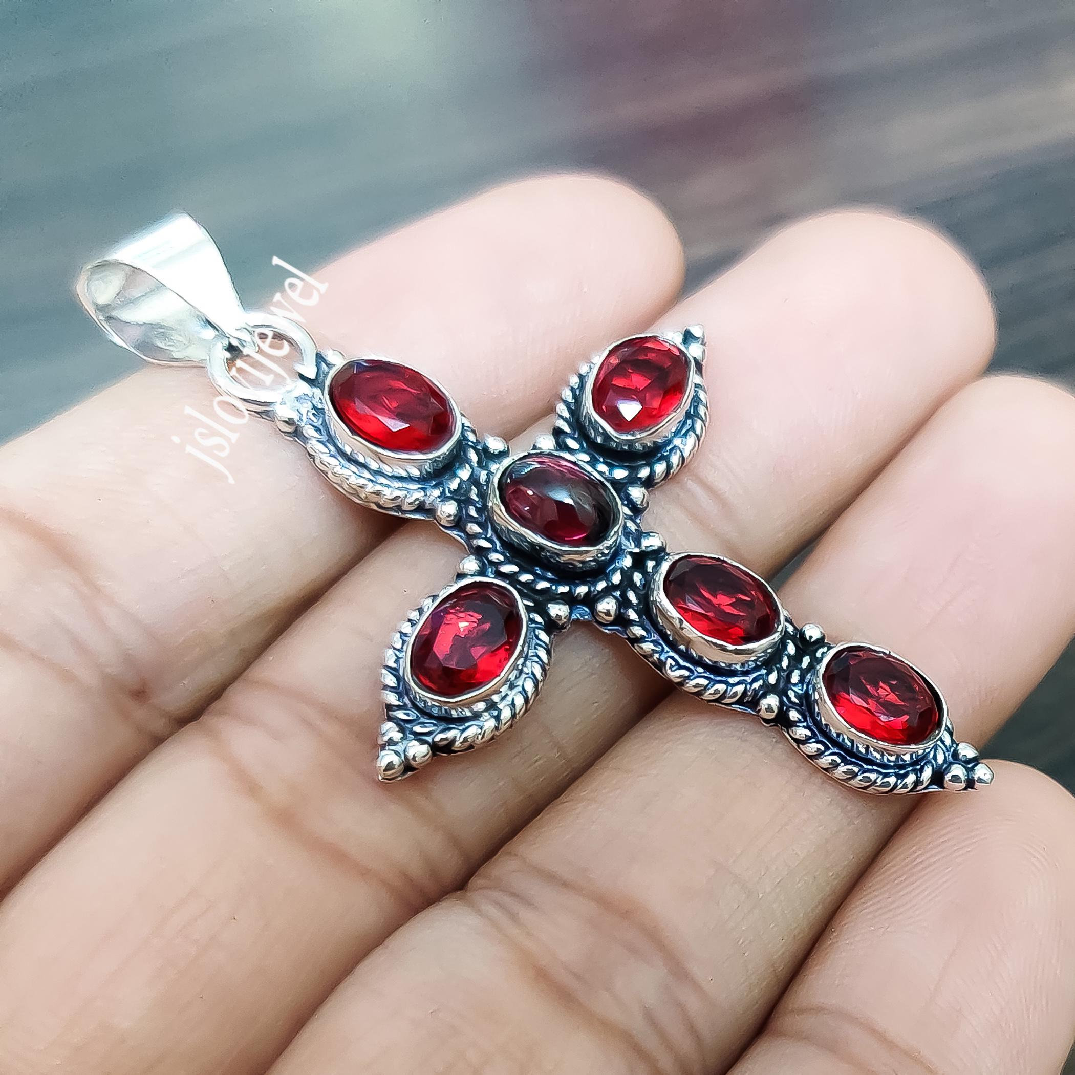 Garnet Cross Pendant: 925 Sterling Silver Gemstone Jesus Necklace