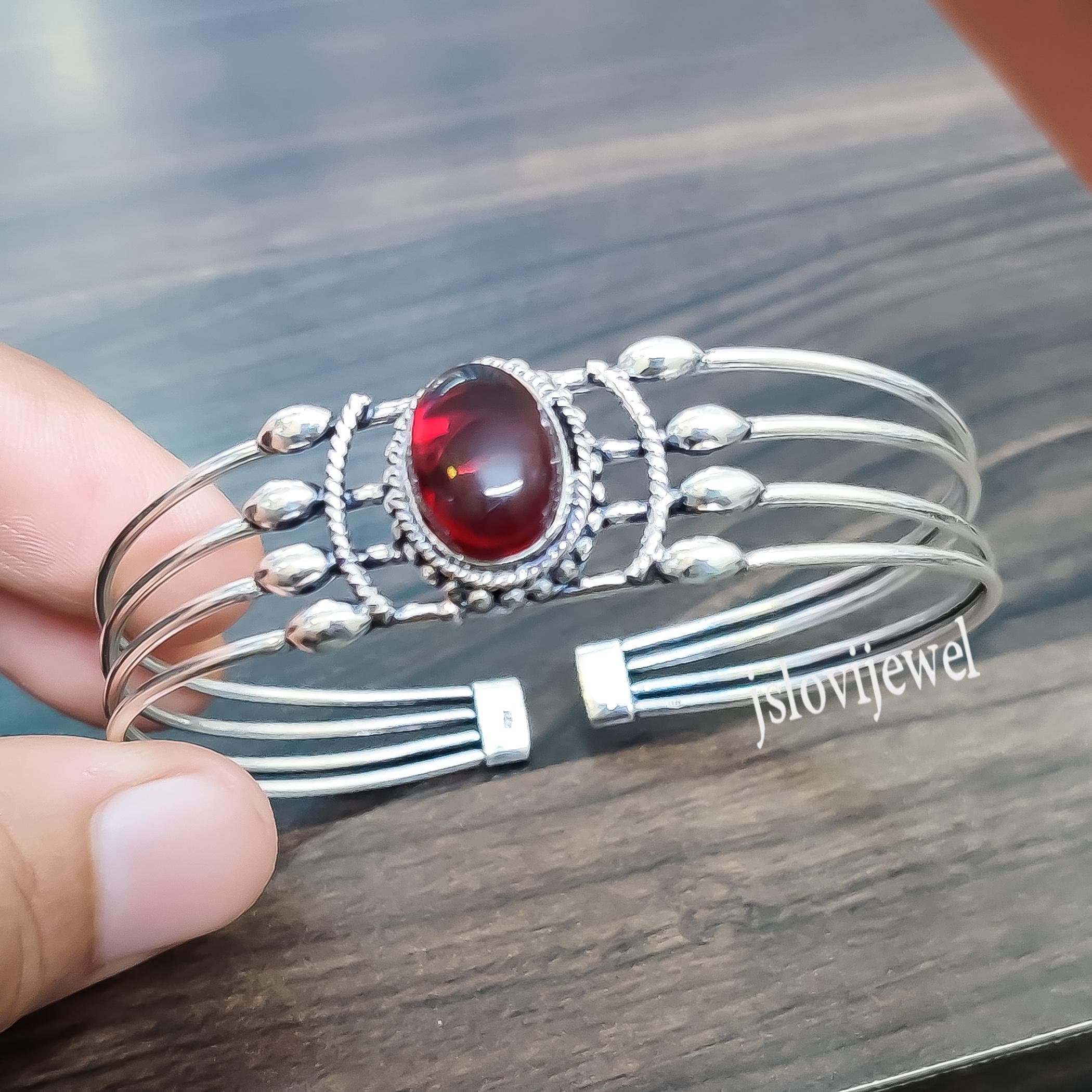 Bracelet grenat : pierre précieuse ovale naturelle, manchette en argent sterling 925/bracelet en pierre rouge foncé - France
