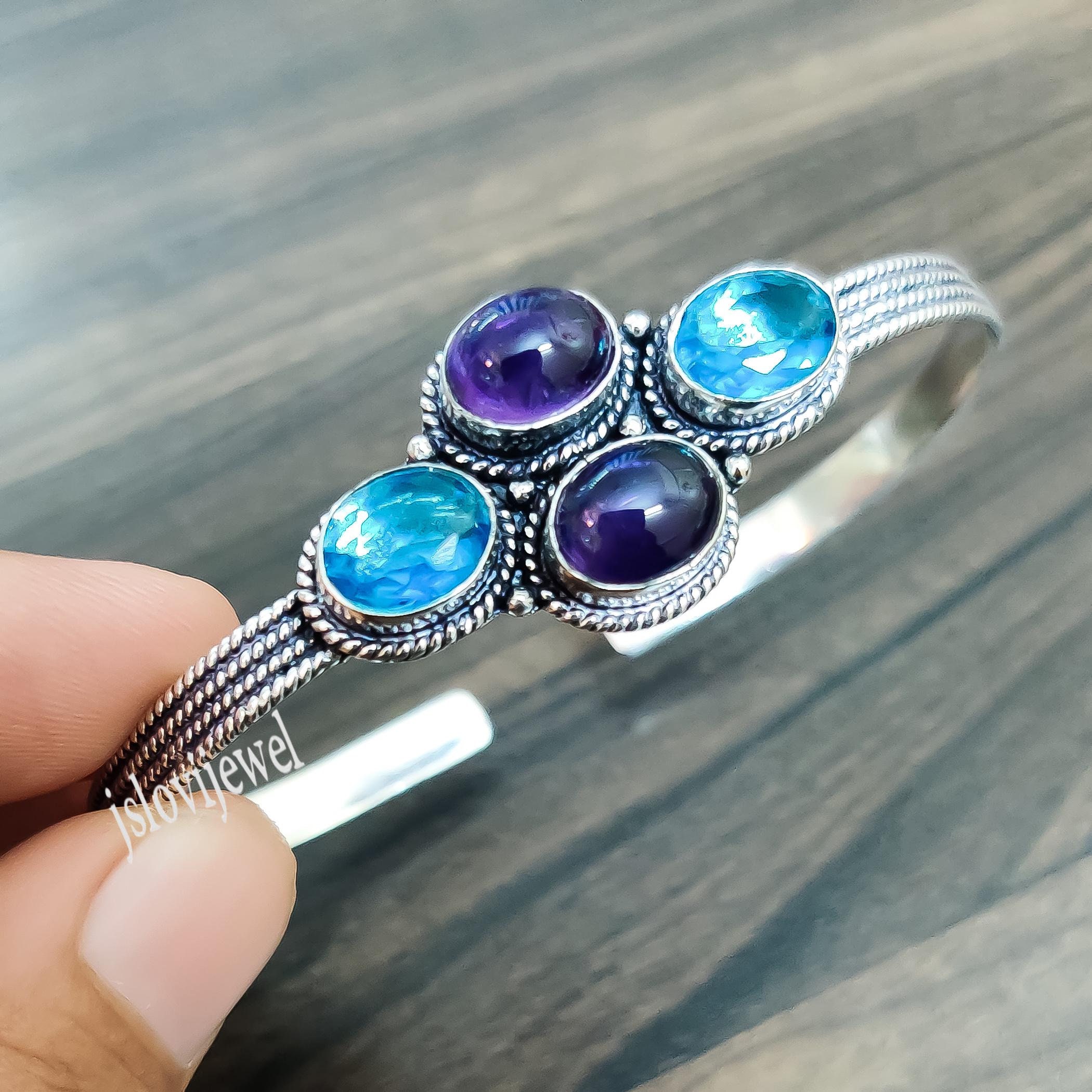 アメジストブルートパーズ 925 シルバー カフブレスレット