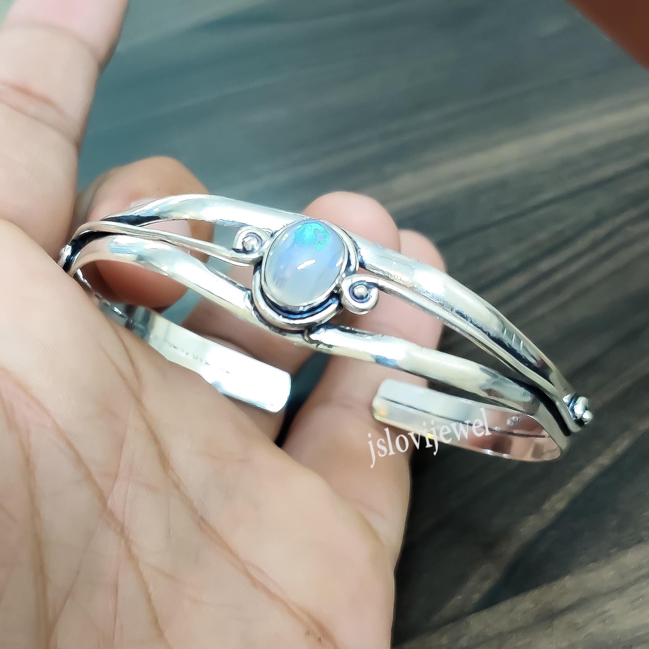 Moonstone Bangle Cuff/ Natural Gemstone Bangle/ 925 Sterling Silver Bracelet Cuff/ Rainbow Moon Stone Bangle Bracelet/ Anniversary Gift Cuff