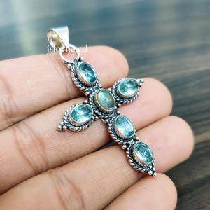 Aquamarine Labradorite Cross Pendant Necklace/ Blue Stone Cross Pendant/ 925 Sterling Silver/ Aquamarine Pendant/ Holy Cross/ Jesus Pendant