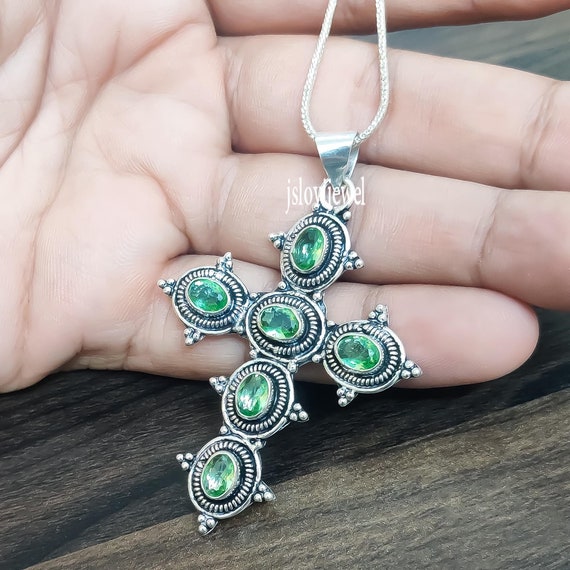 Pendentif Croix Pour Homme En Argent Sterling 925 Avec Grenat Et Diopside - Fait Main - Neuf