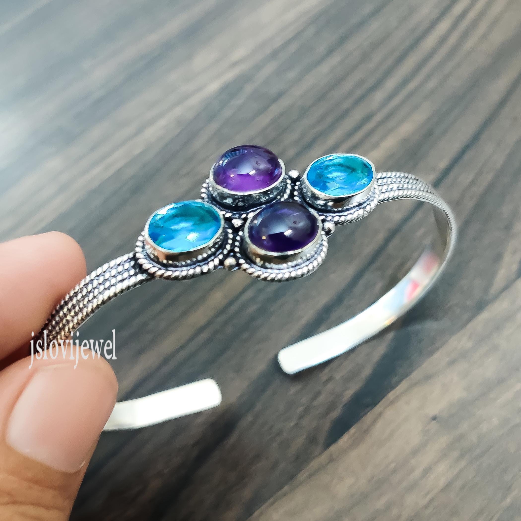 アメジストブルートパーズ 925 シルバー カフブレスレット