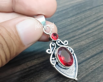 Handmade Red Garnet Pendant: 925 Sterling Silver Necklace