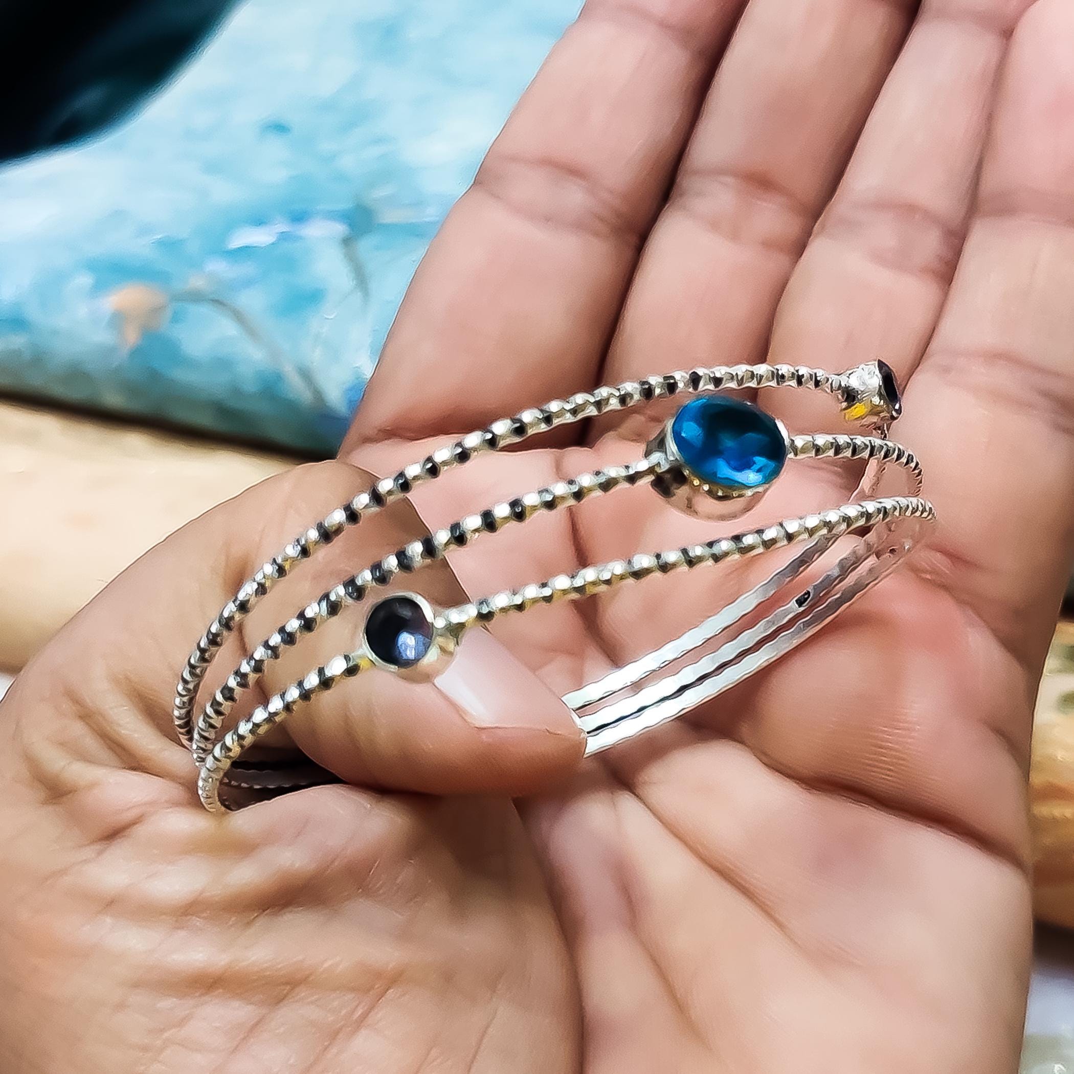 アメジスト&トパーズシルバーブレスレット ブルートパーズ アメジスト スターリングシルバー カフバングル：調節