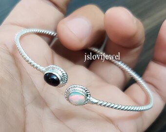 Bracelet Manchette En Argent 925 Avec Opale Dendrite Naturelle - Fait Main, Ajustable - Neuf Sans Emballage