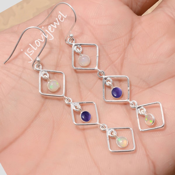 Multi Natural Gemstone Earring/ Fire Opal With Amethyst Earring/ Long Dangle Engagement Earrings For Gifts/ Multi-coloured Gemstone Drops