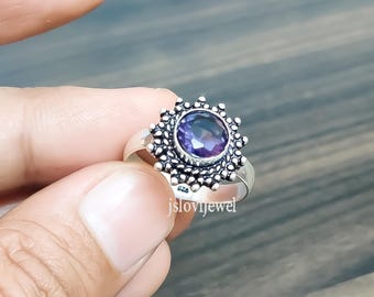Faceted Amethyst Ring, Sterling Silver, Purple Gemstone, Birthstone, Promise Ring