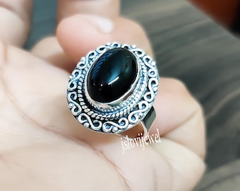 Natural Black Onyx Gemstone Ring: Handmade 925 Sterling Silver Bohemian Jewelry