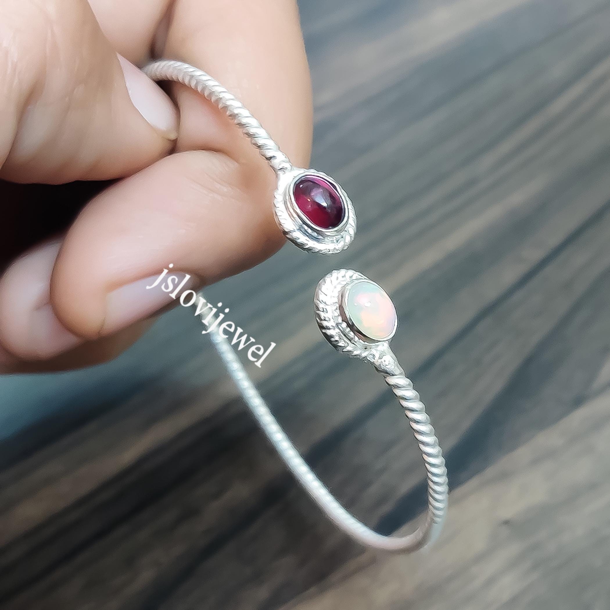 Bracelet Manchette En Argent 925 Avec Opale Dendritique - Bijou Fait Main Ajustable - Pierres Naturelles