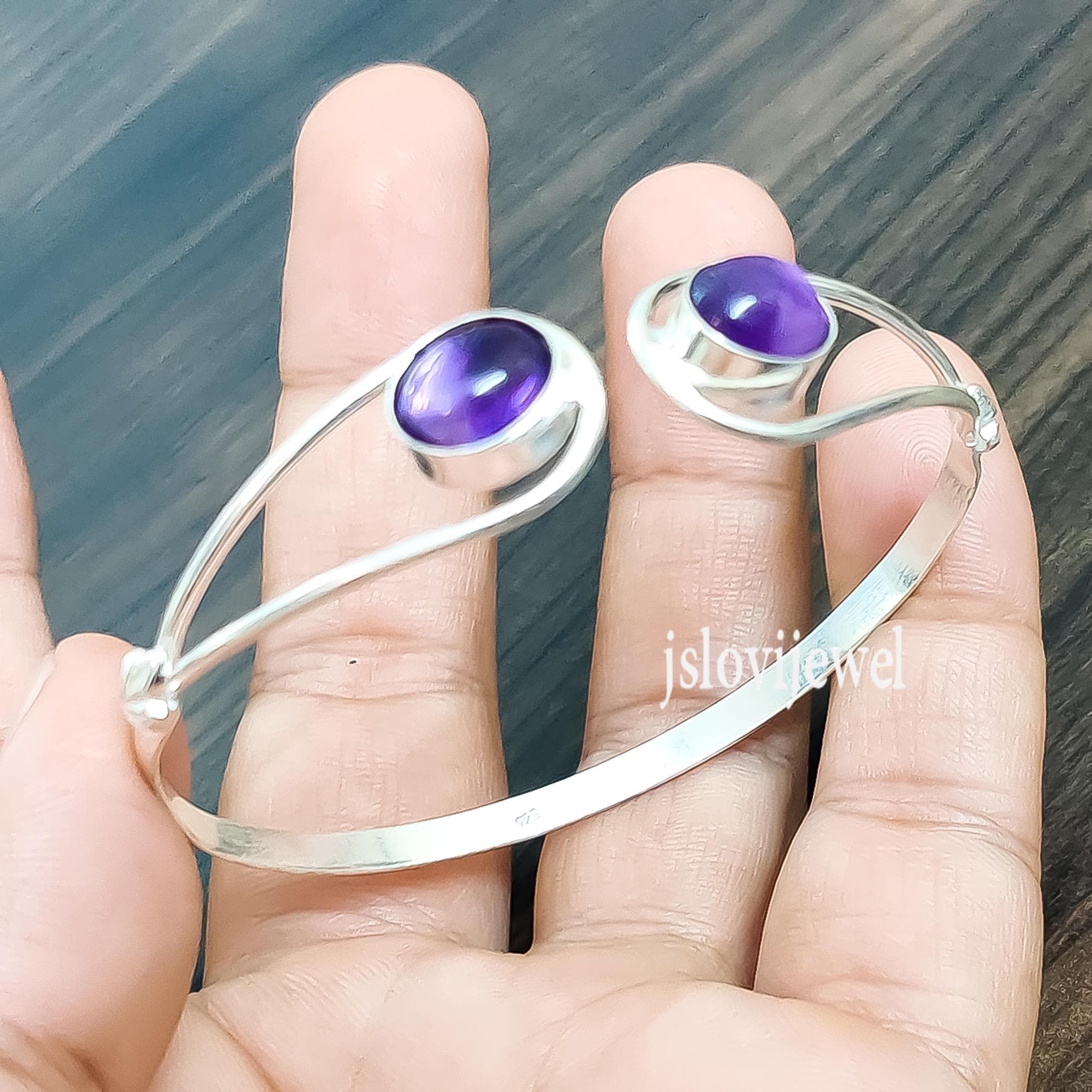 AMETHYST OVAL LINK BANGLE-SILVER925-バングル Amethyst Bangle Bracelet: 925 Sterling Silver Purple Stone Cuff - Etsy