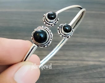 Handgemaakte sterlingzilveren zwarte onyx verstelbare manchetarmband
