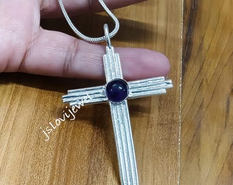 Purple Amethyst Gemstone Cross Pendant: Sterling Silver Necklace - Religious Jewelry