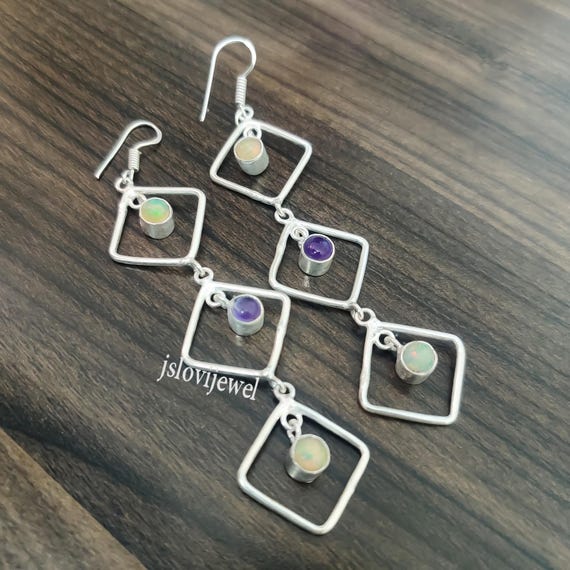 925 Silver Opal And Amethyst Dangle Drop Earrings - Natural Gemstone Women's Jewelry