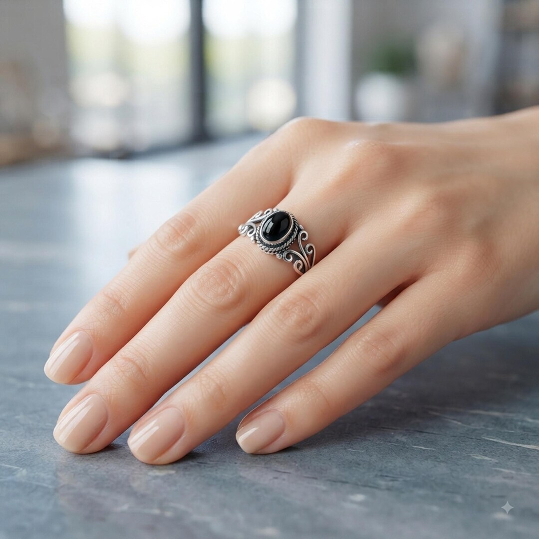 Oval Black Onyx Ring: 925 Sterling Silver Birthstone Ring/ Natural