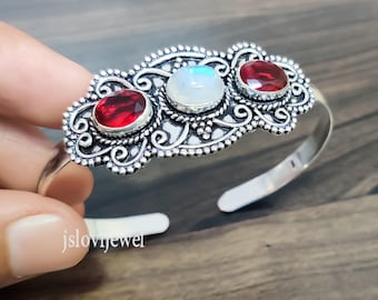 ブラックオニキスムーンストーンバングル：925スターリングシルバー製