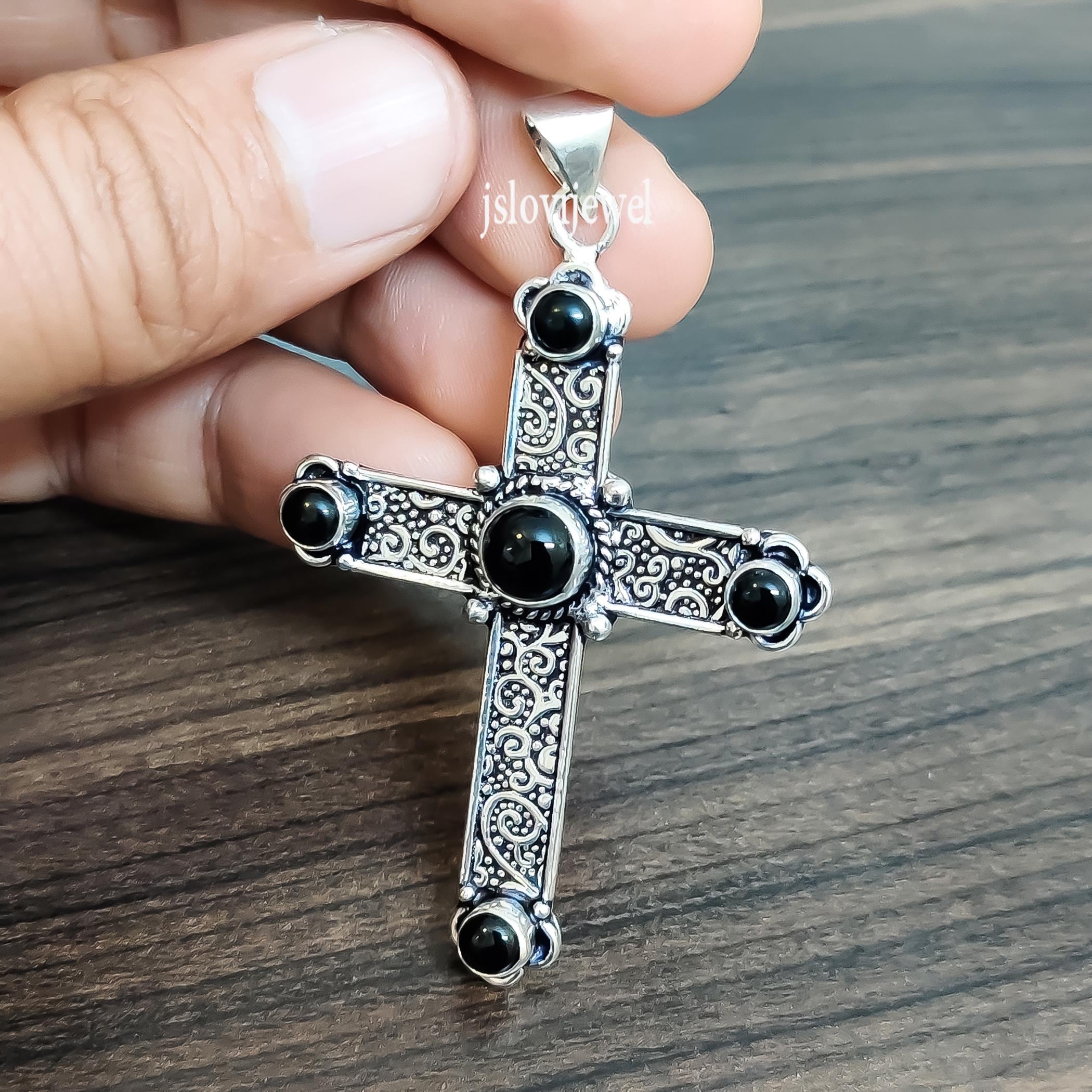 Black Onyx Cross Necklace: 925 Sterling Silver Holy Cross - Etsy