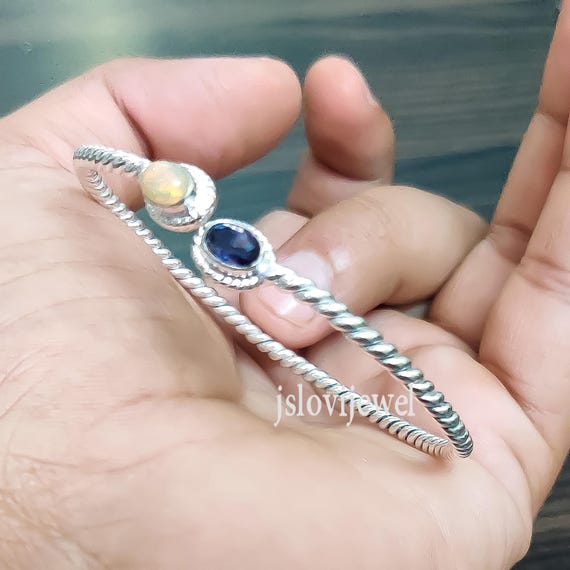 オパールとアメジストのカフバングル：925スターリングシルバー製 