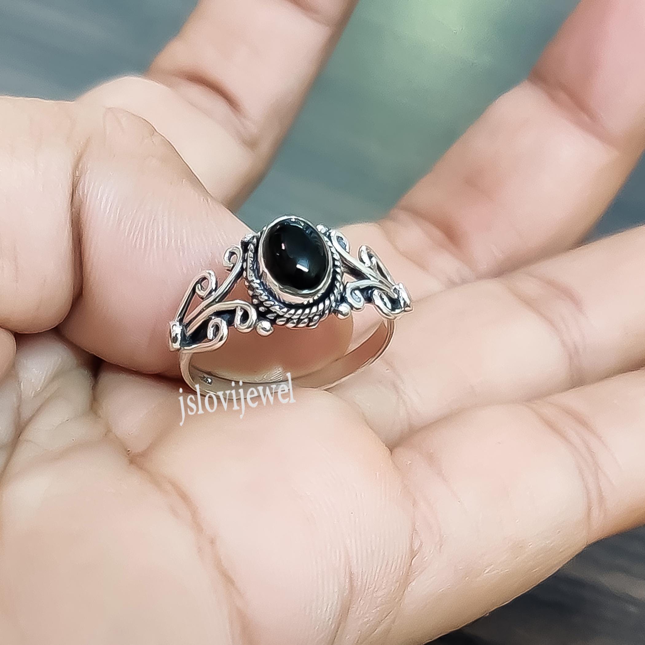 Oval Black Onyx Ring: 925 Sterling Silver Birthstone Ring/ Natural