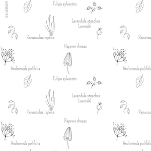 Könnte beinhalten: Ein weißer Hintergrund mit einem sich wiederholenden Muster aus linearen botanischen Illustrationen. Das Design umfasst Blumen, Blätter und Samenkapseln mit Beschriftungen wie "Papaver rhoeas" und "Lavandula stoechas".