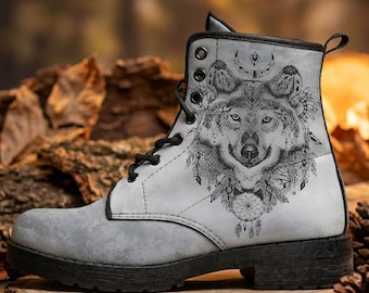Gray Alpha Vegan Boots: Vegan Leather Combat Footwear Wolf Lover Gift