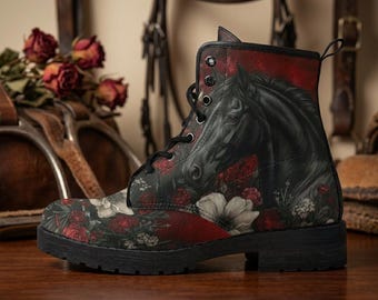 Midnight Bloom Springerstiefel : Veganes Leder Kampfschuhe Pferdeliebhaber Geschenk