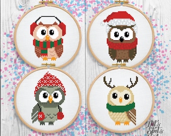 Christmas Owl Cross Stitch Pattern Set: Beginner Holiday Decor (PDF Pattern) ST-48