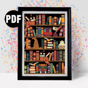 本棚クロスステッチパターン：初心者向け刺繍（PDF即時ダウンロード）PT-894