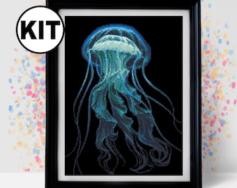 Jellyfish Cross Stitch Kit: Beginner Embroidery, Modern Sea Decor K-938
